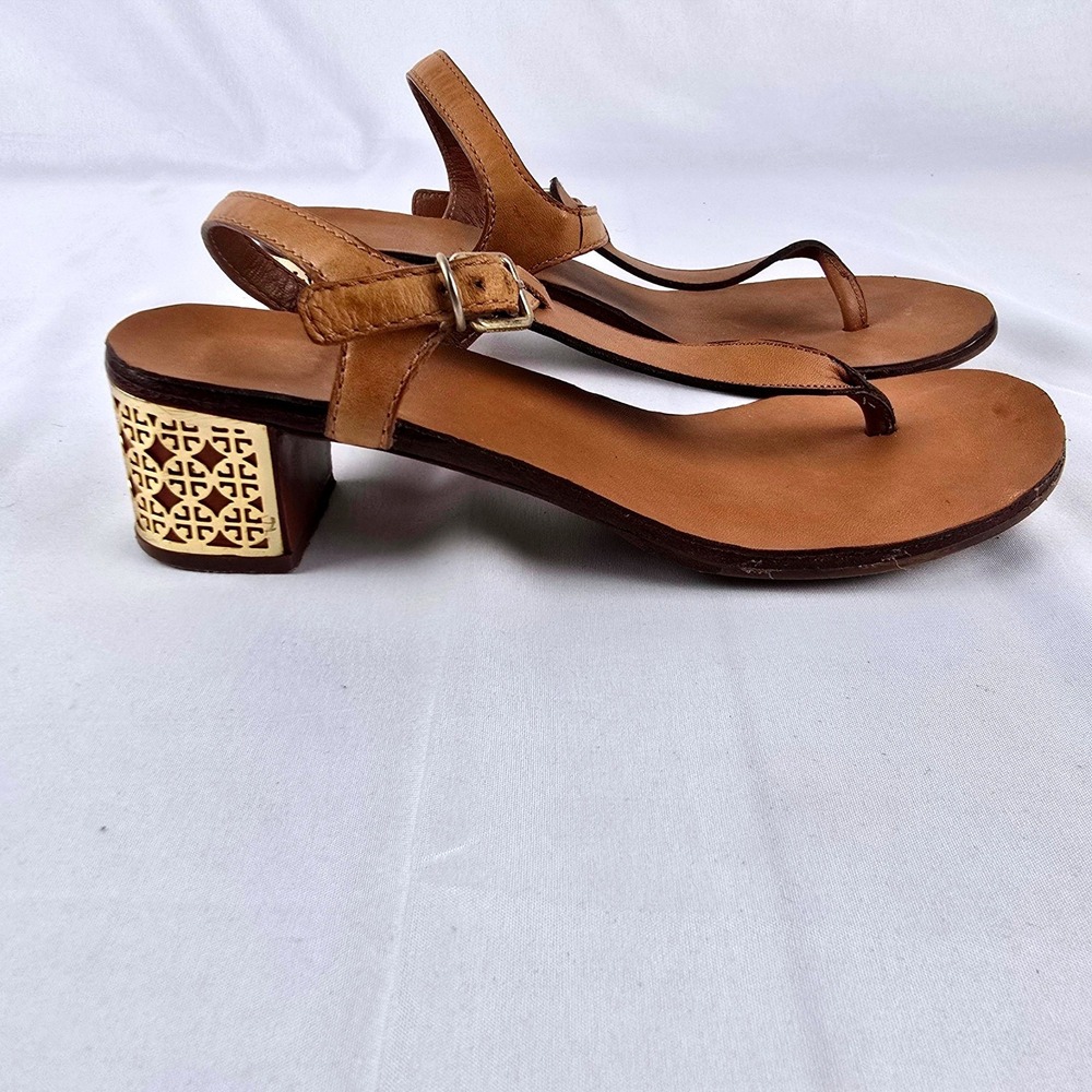 Tory Burch Audra T-Strap Block Heel Thong Sandals Women 8M Tan Leather Gold - Picture 4 of 7